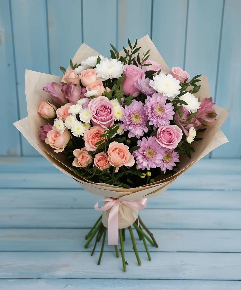Букет цветов из: Хризантемы, Розы и Альстромерии в Пскове